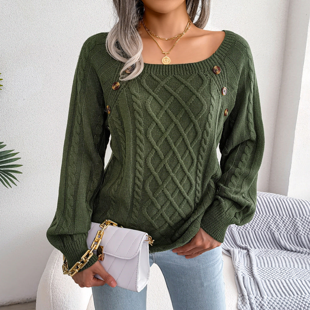 Buttoned Bliss: Square Neck Knit Winter Sweater - LauBelle