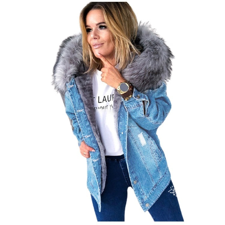 CozyChic Denim: Fur-Collar Mid-Length Coat - LauBelle Brand
