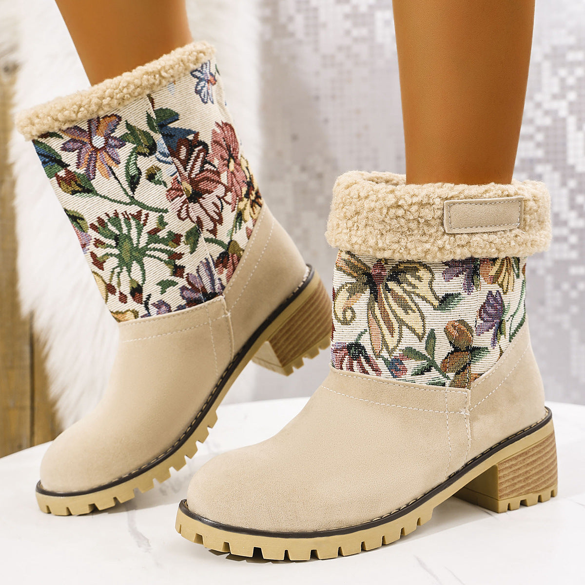 BlossomStitch Ethnic Platform Snow Boots for Women - LauBelle Brand