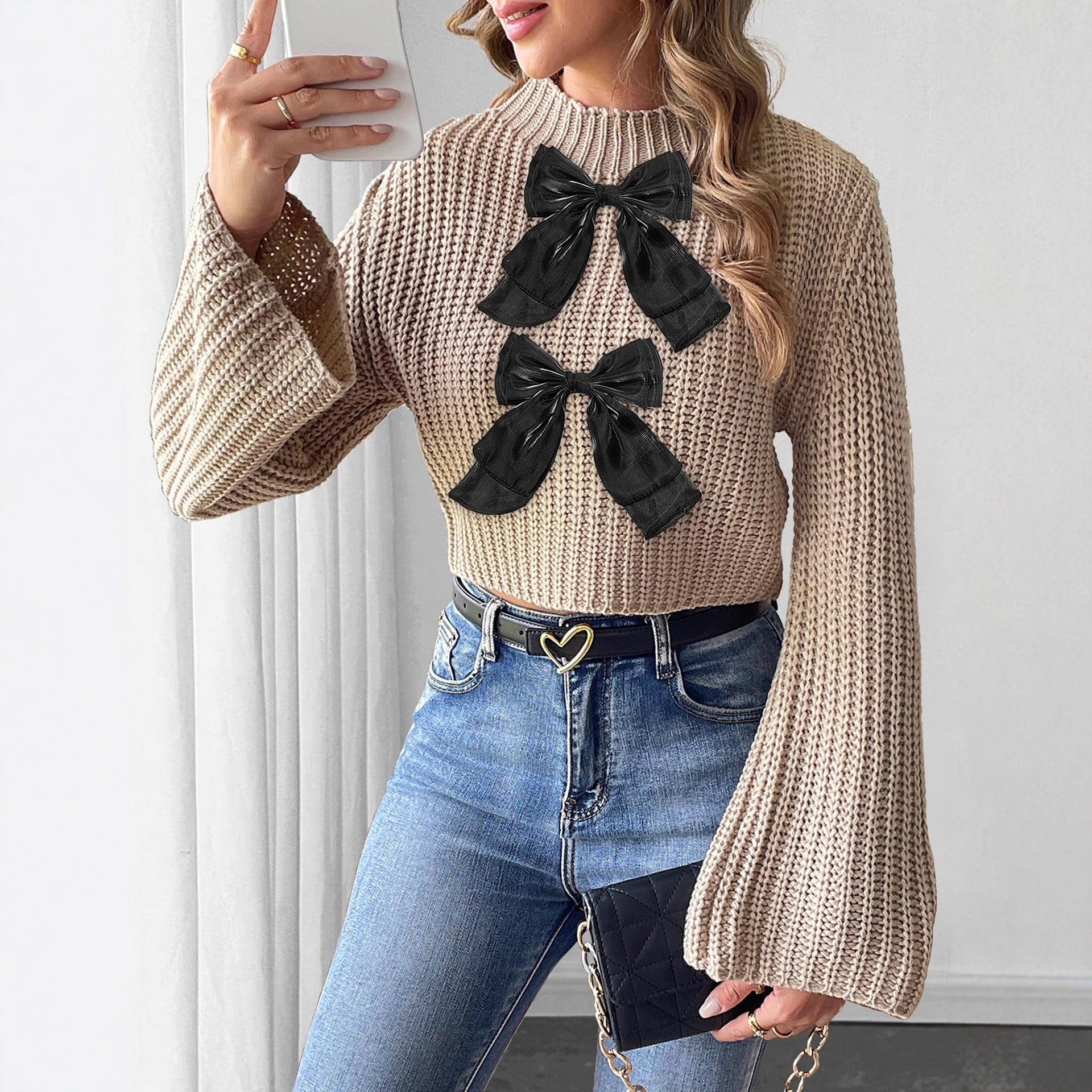 ChicFlare: Patchwork Bow Mock-Neck Sweater - LauBelle Brand