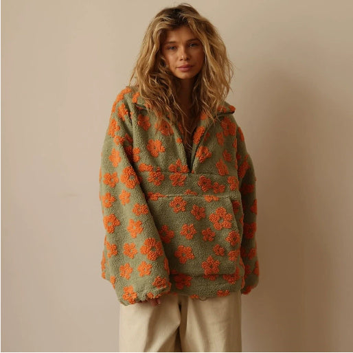 Winter Flowers Lambskin Sweatshirt With Big Pocket Casual Loose Zip-up Lapel Pullover Top Women's Clothing - LauBelle