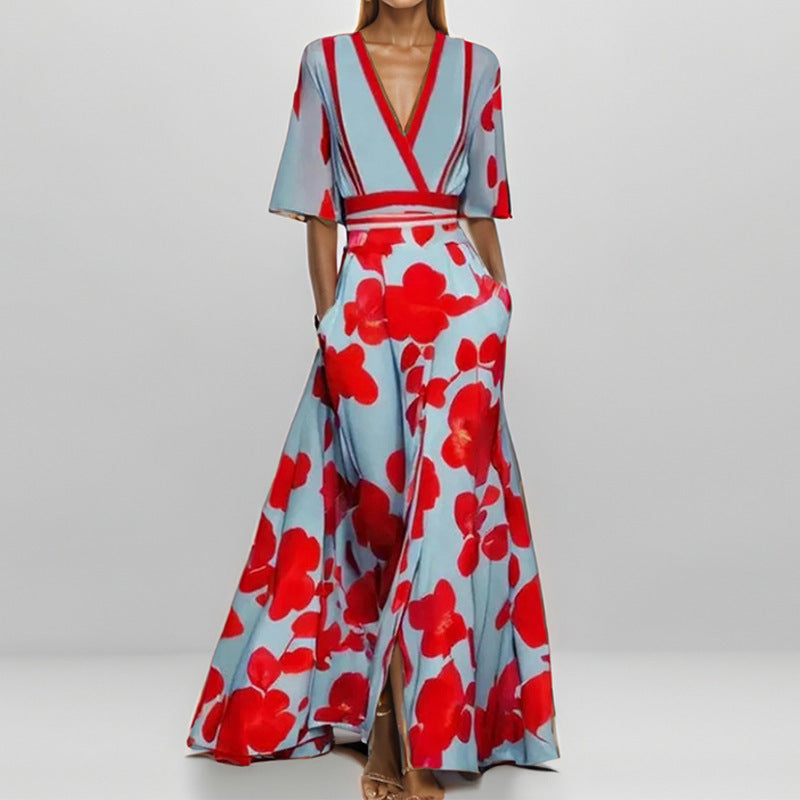 VoguePrint Slim V-Neck Half-Sleeve Waist Dress - LauBelle Brand