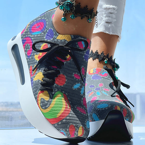 Women's Random Print Side Lace-Up Elastic Sport Shoes, Comfortable Slip-On Sneakers For Women, Casual Daily Wear Footwear - LauBelle