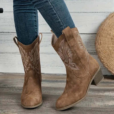 Fashion Chunky-heeled Pointed Toe Boots Winter Ethnic Style Embroidered Mid-Tube Western Shoes Women - LauBelle