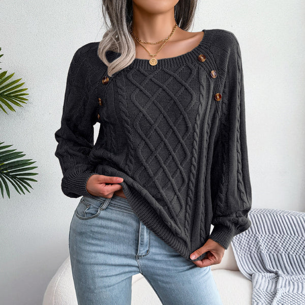 Buttoned Bliss: Square Neck Knit Winter Sweater - LauBelle