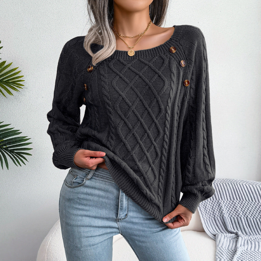 Buttoned Bliss: Square Neck Knit Winter Sweater - LauBelle