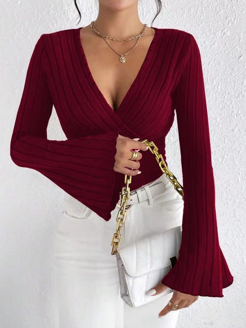 Ribbed V-Neck Flare Sleeve Slim Autumn Top for Women - LauBelle
