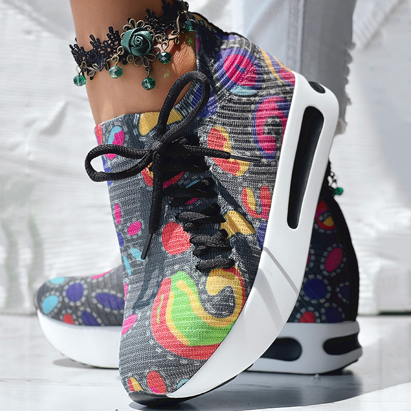 Women's Random Print Side Lace-Up Elastic Sport Shoes, Comfortable Slip-On Sneakers For Women, Casual Daily Wear Footwear - LauBelle