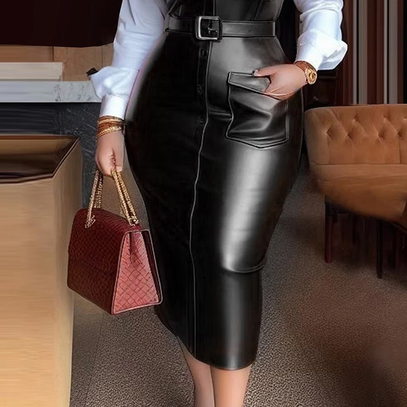 Chic V-Neck Belted Bodycon Midi Dress with Leather Trim - LauBelle Brand