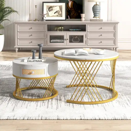 2 in 1 Round Coffee Table with Marble Top and Rattan Drawers White 5