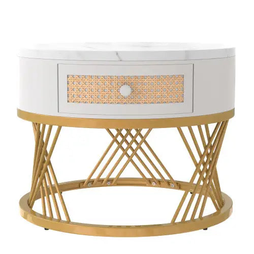 2 in 1 Round Coffee Table with Marble Top and Rattan Drawers White 5