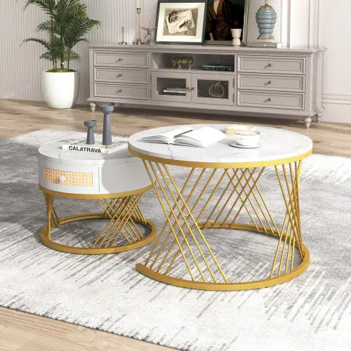 2 in 1 Round Coffee Table with Marble Top and Rattan Drawers White 5