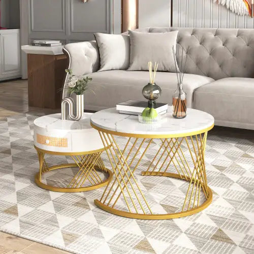 2 in 1 Round Coffee Table with Marble Top and Rattan Drawers White 5