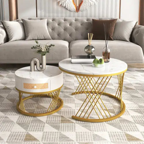 2 in 1 Round Coffee Table with Marble Top and Rattan Drawers White 5