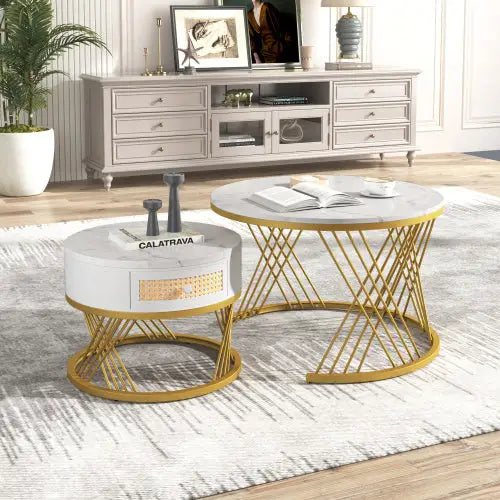 2 in 1 Round Coffee Table with Marble Top and Rattan Drawers White 5