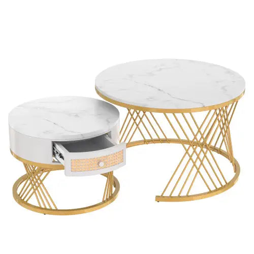 2 in 1 Round Coffee Table with Marble Top and Rattan Drawers White 5