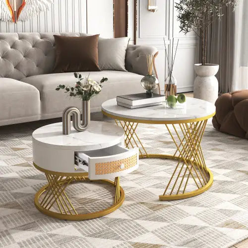 2 in 1 Round Coffee Table with Marble Top and Rattan Drawers White 5