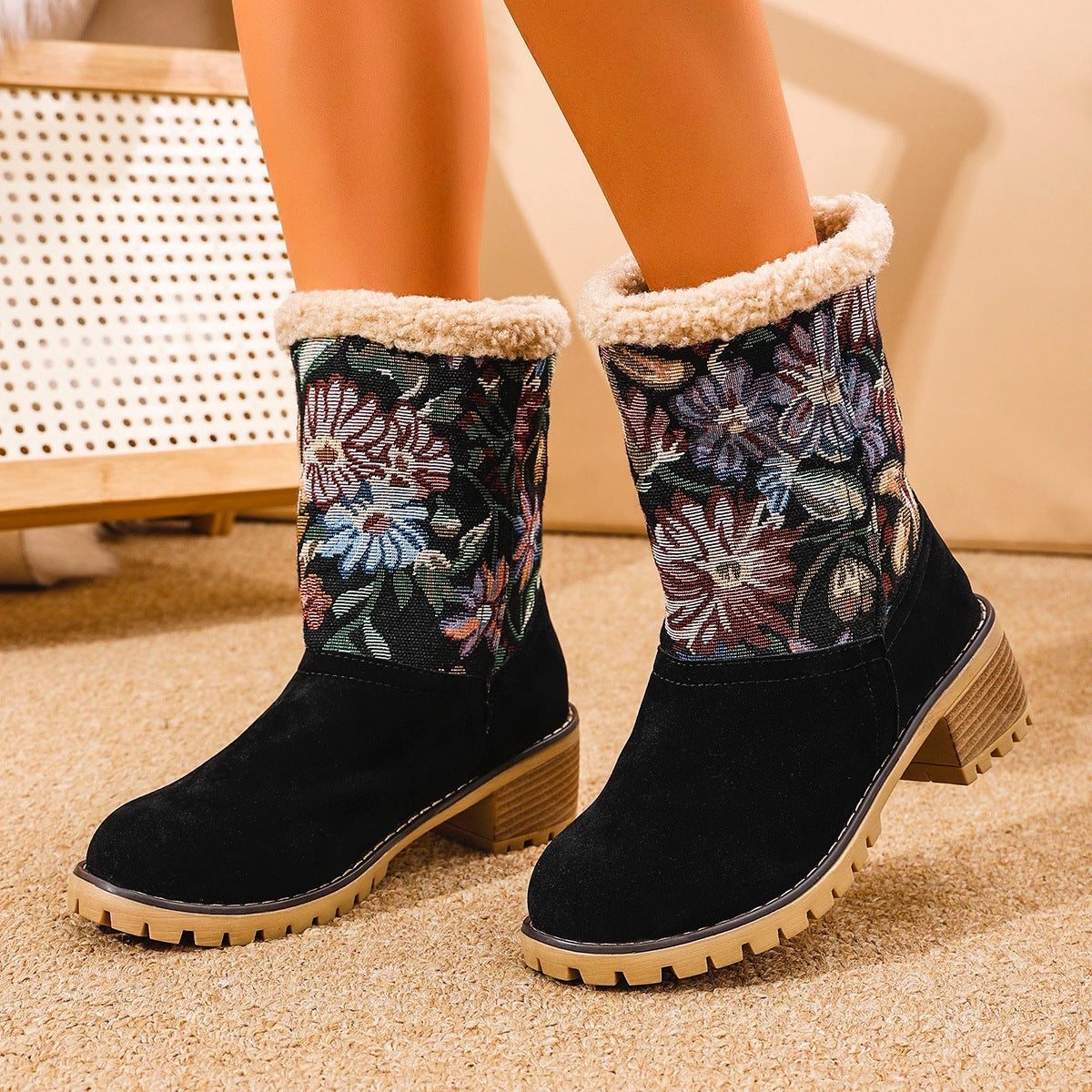 BlossomStitch Ethnic Platform Snow Boots for Women - LauBelle Brand