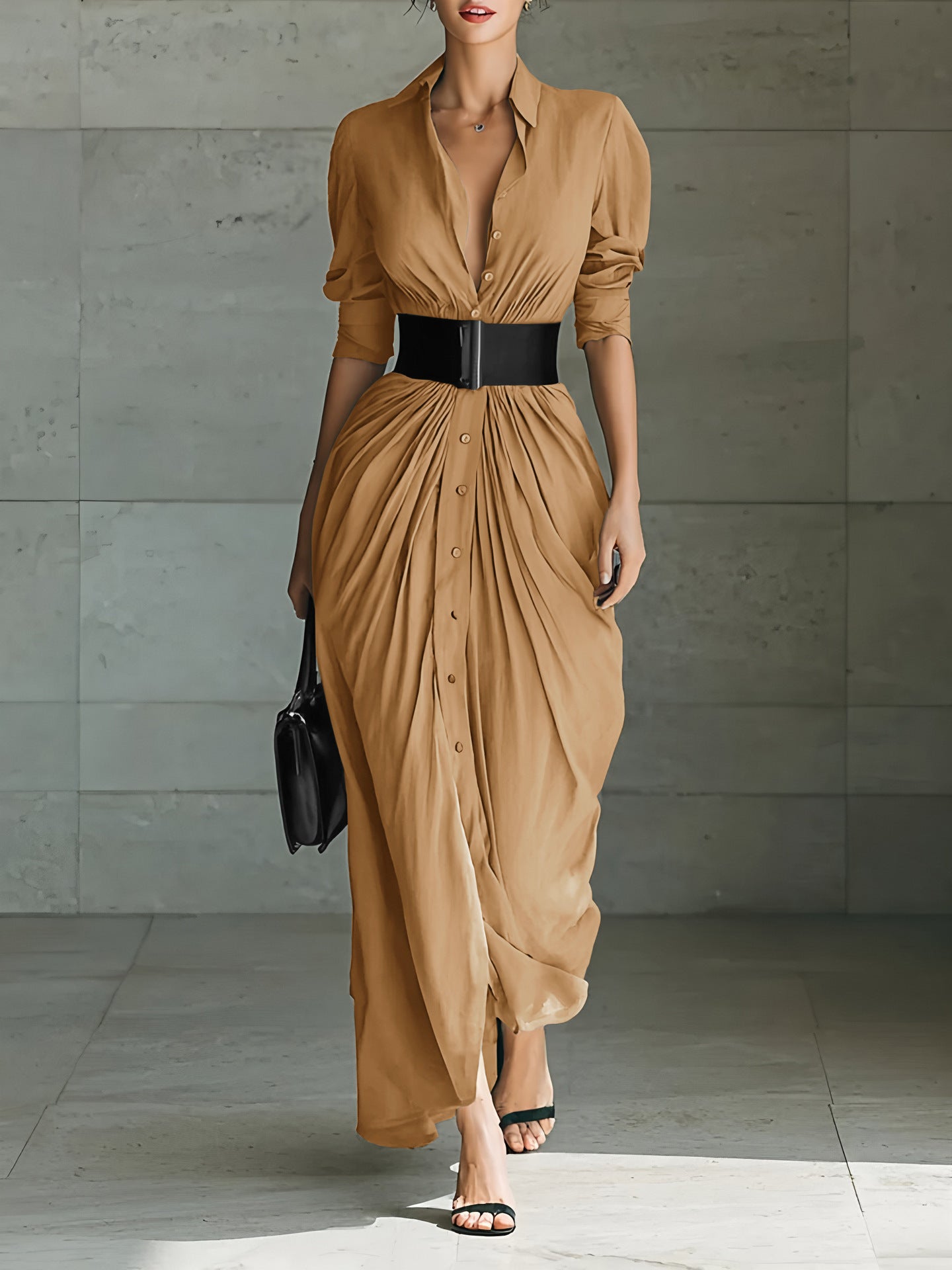 Chic Lapel Belted Shirt Dress – Elegant & Fashionable - LauBelle
