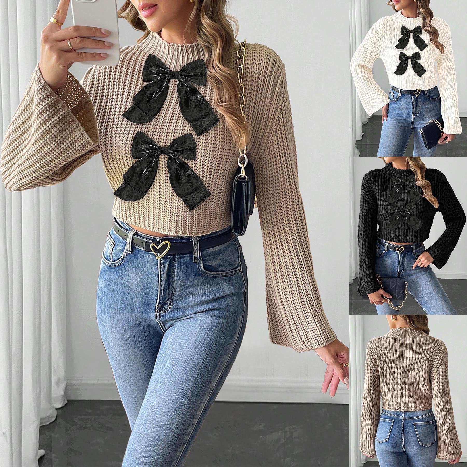 ChicFlare: Patchwork Bow Mock-Neck Sweater - LauBelle