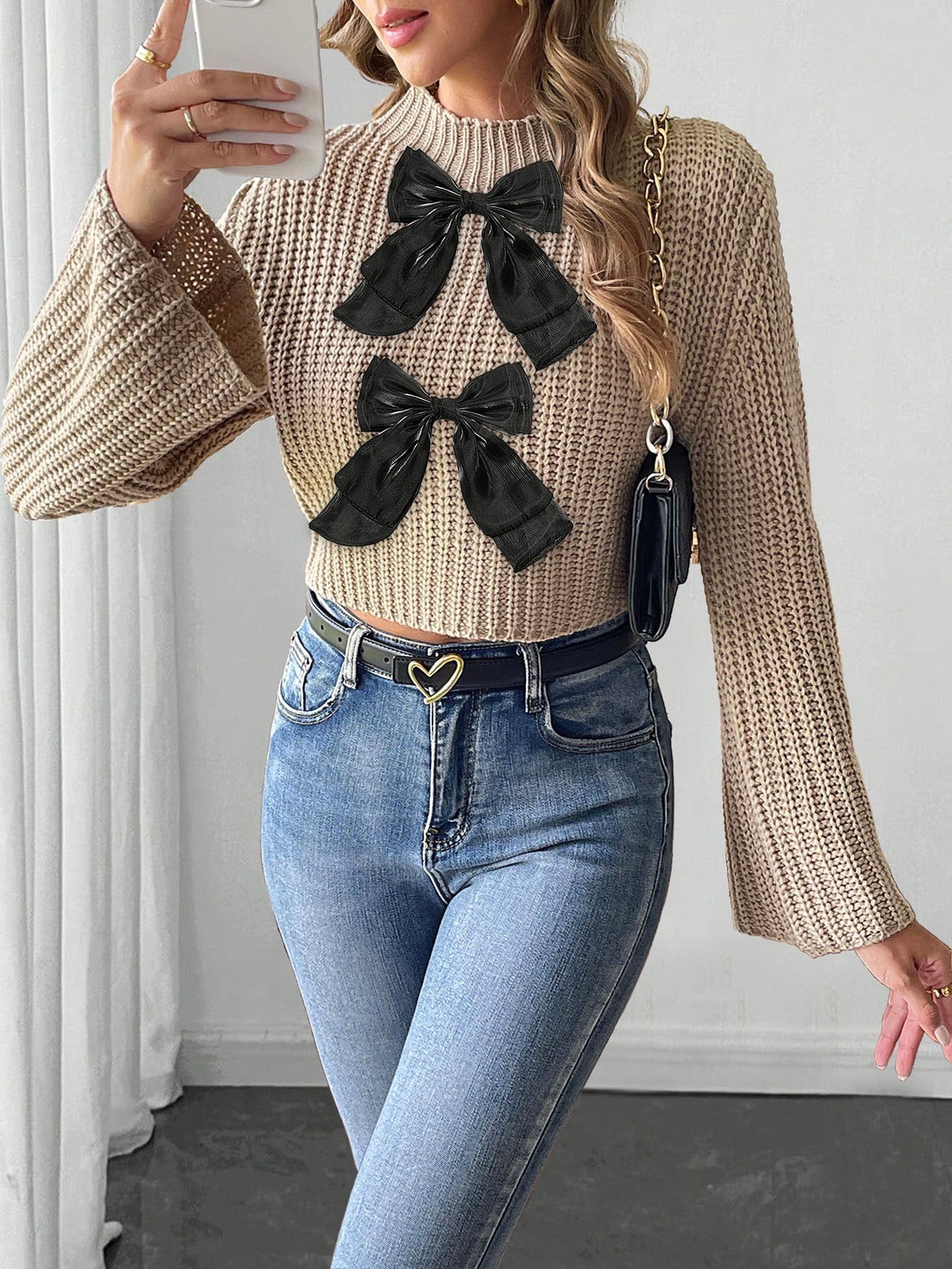 ChicFlare: Patchwork Bow Mock-Neck Sweater - LauBelle Brand