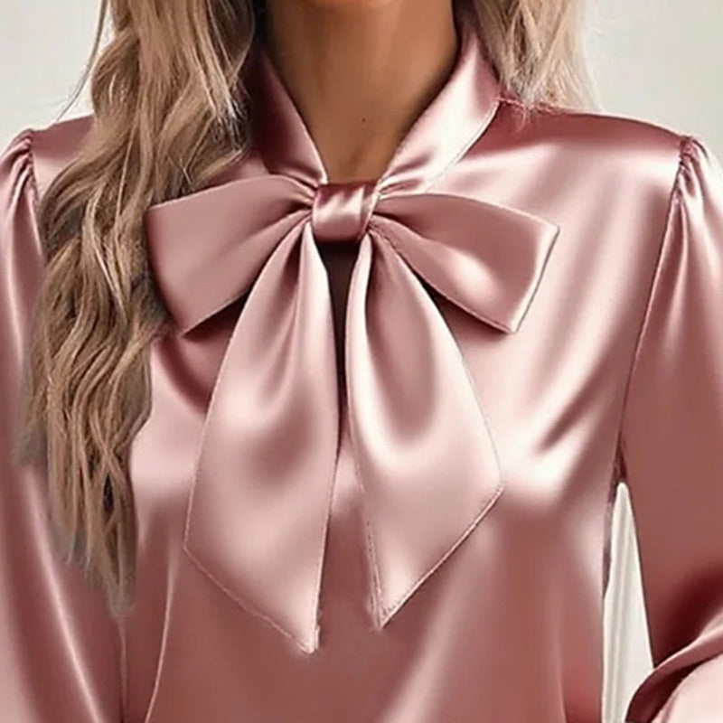 Satin Bow Blouse - Women's Casual Long Sleeve Top - LauBelle Brand