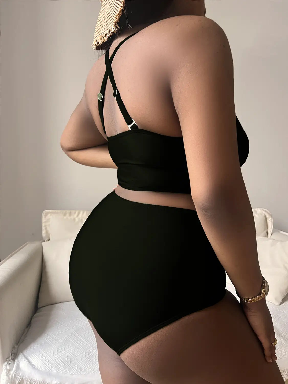 Plump Girls Plus Size Solid Color Hollow Cross Shoulder Strap Adjustable Halter Bikini