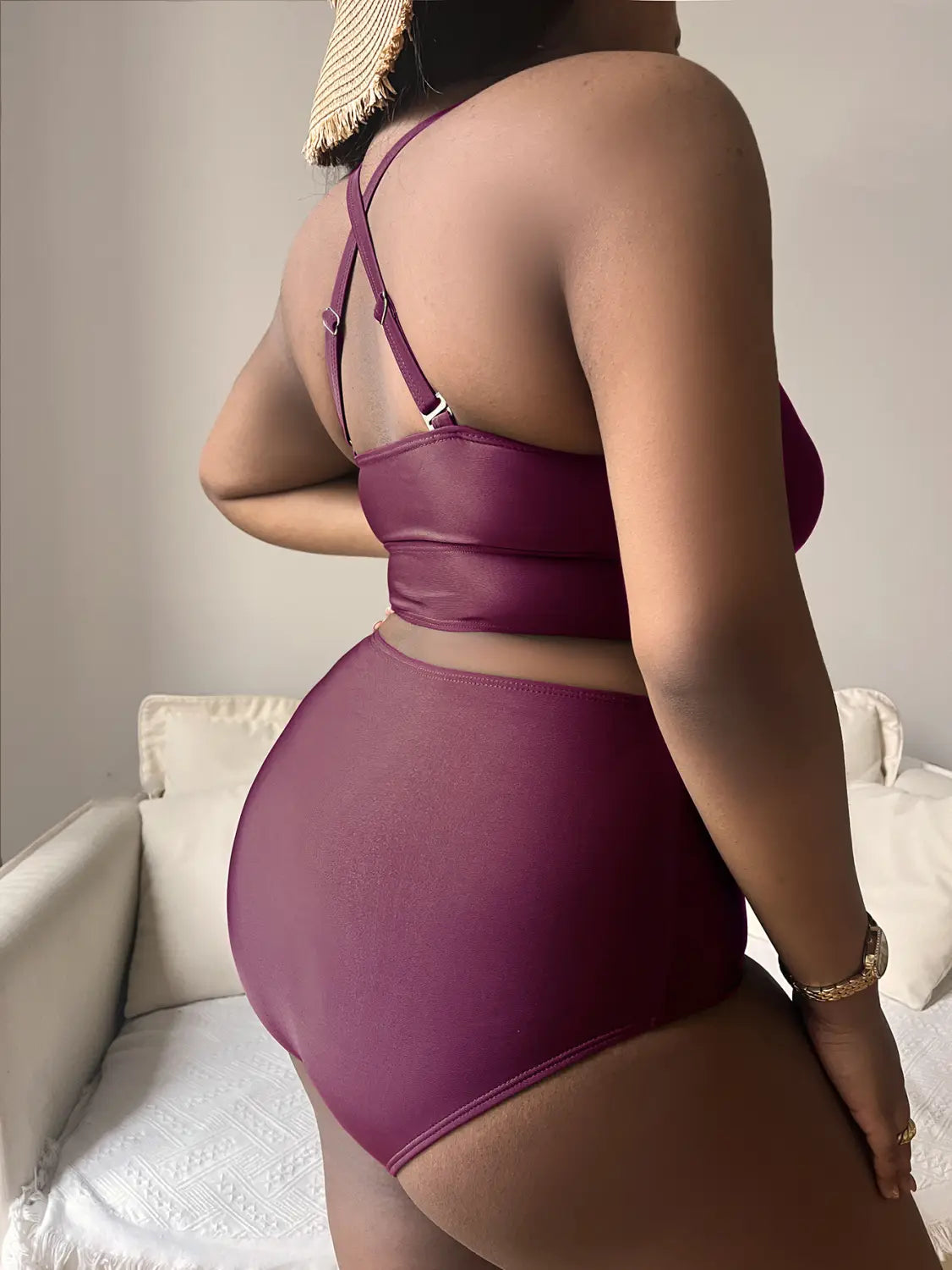 Plump Girls Plus Size Solid Color Hollow Cross Shoulder Strap Adjustable Halter Bikini