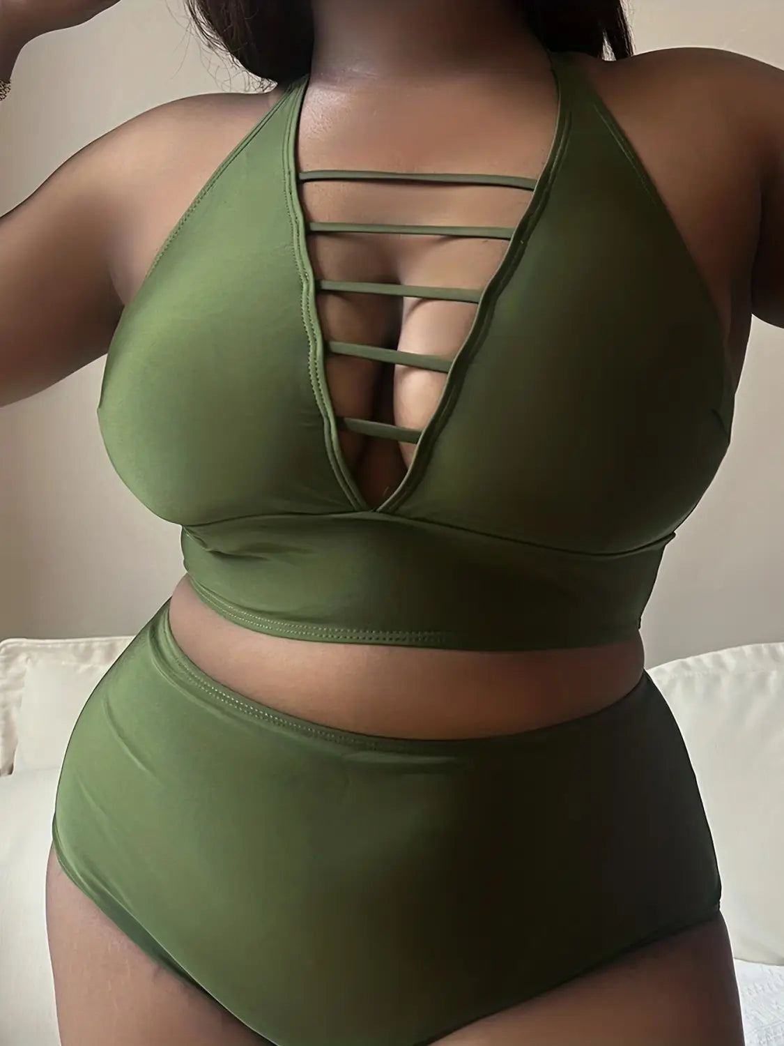 Plump Girls Plus Size Solid Color Hollow Cross Shoulder Strap Adjustable Halter Bikini