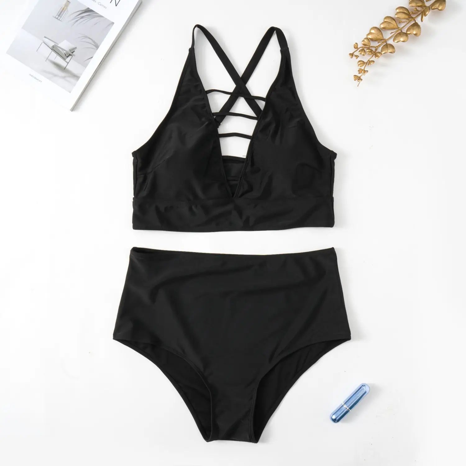 Plump Girls Plus Size Solid Color Hollow Cross Shoulder Strap Adjustable Halter Bikini