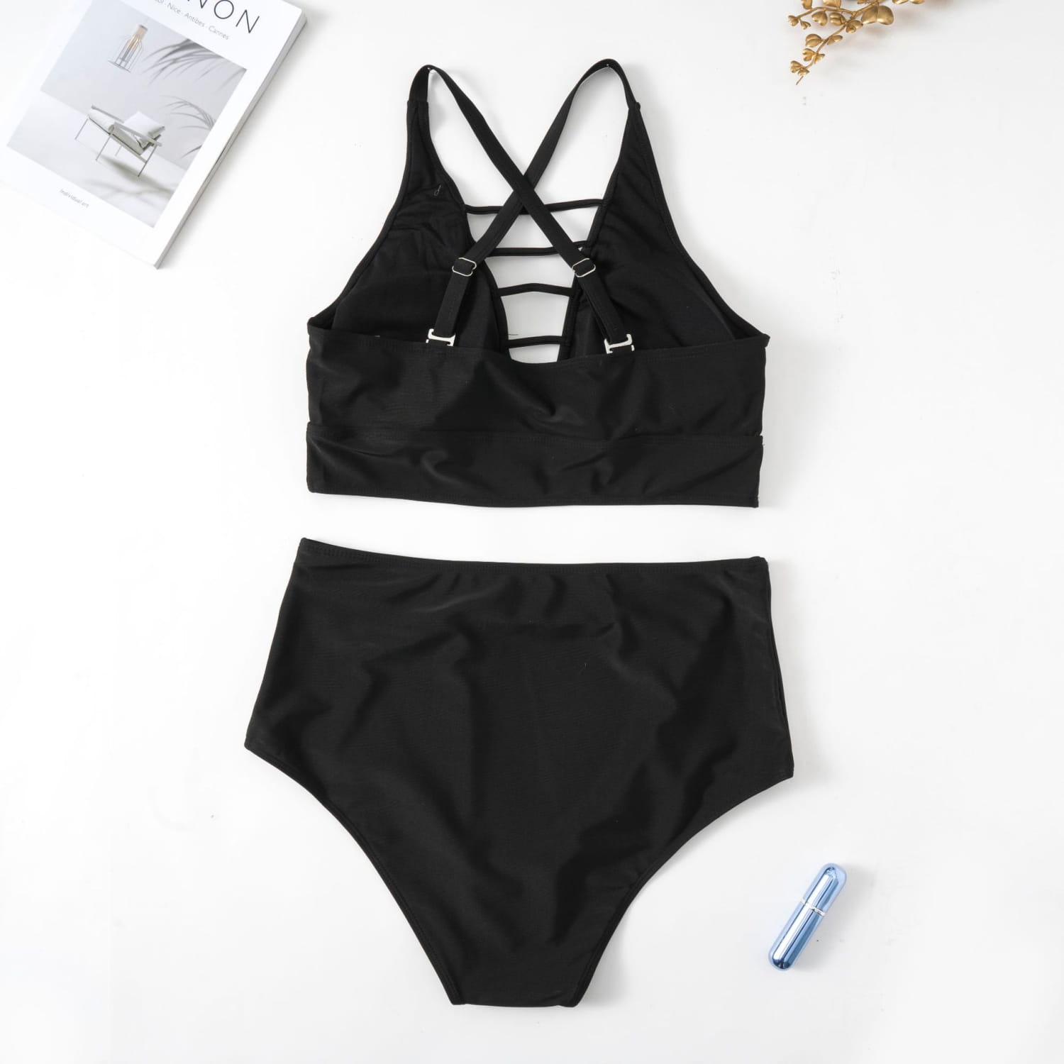Plump Girls Plus Size Solid Color Hollow Cross Shoulder Strap Adjustable Halter Bikini