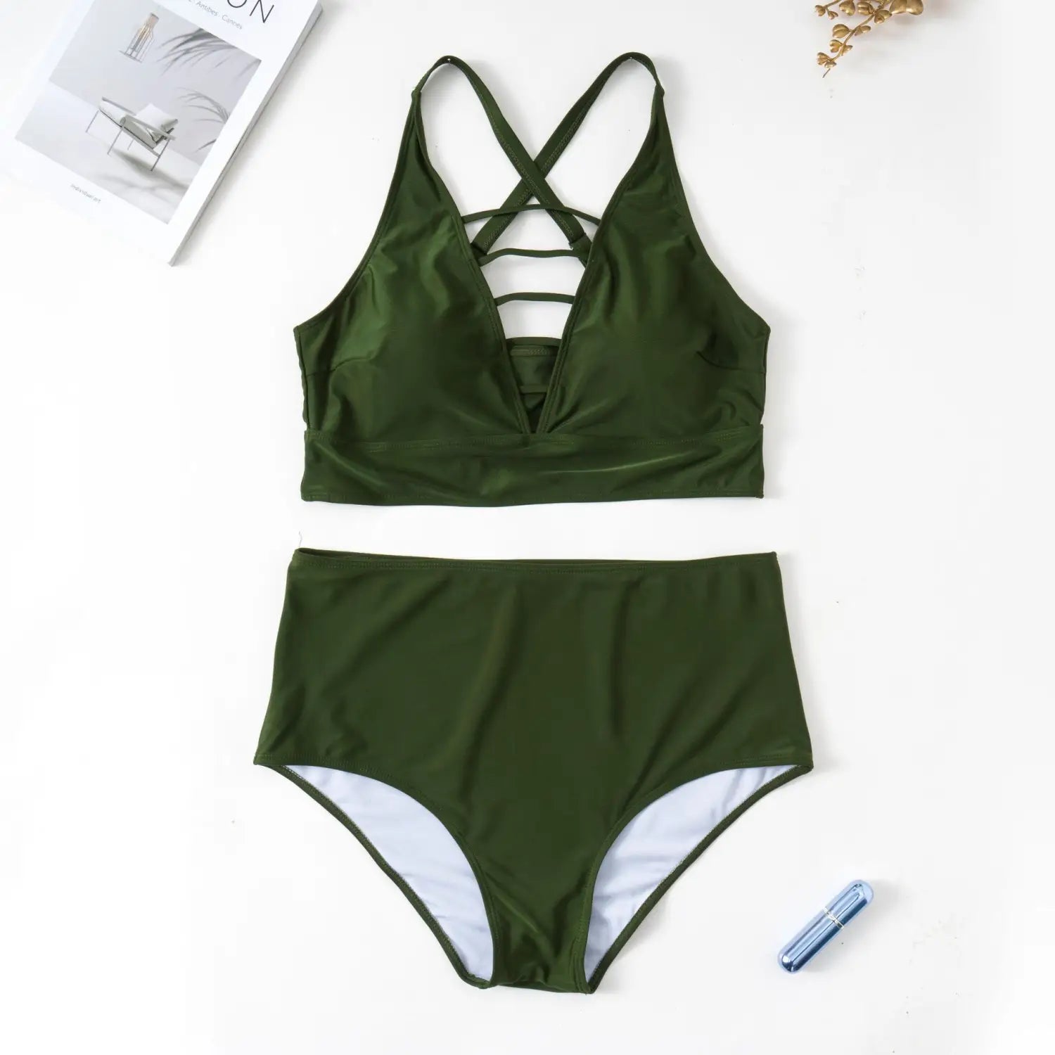 Plump Girls Plus Size Solid Color Hollow Cross Shoulder Strap Adjustable Halter Bikini