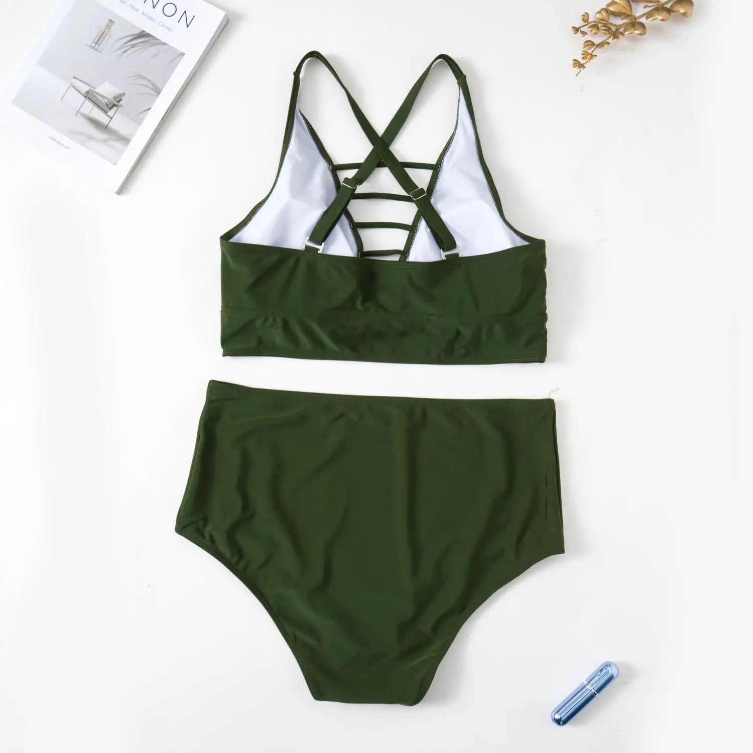 Plump Girls Plus Size Solid Color Hollow Cross Shoulder Strap Adjustable Halter Bikini