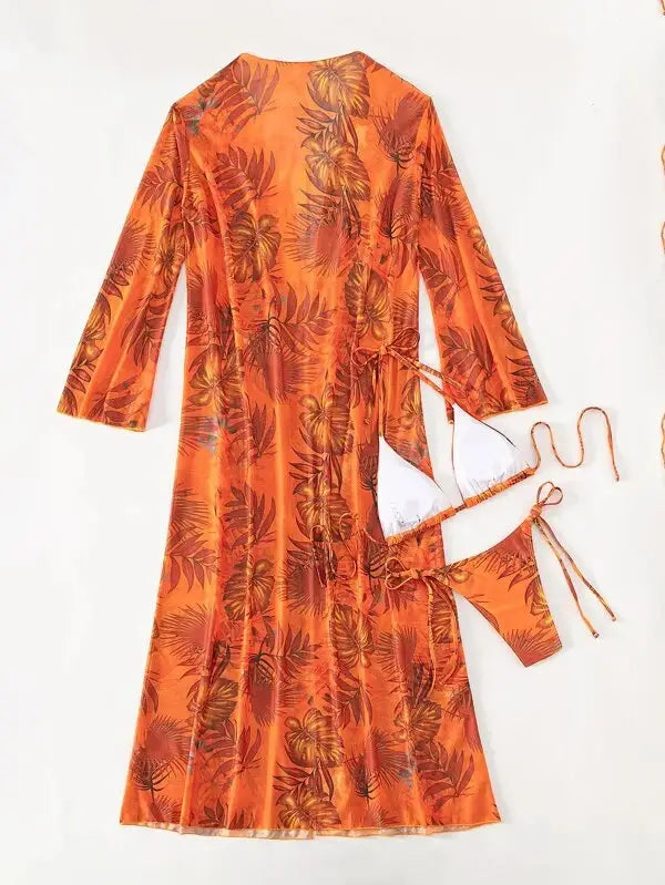 Split Long Sleeve Ins Blouse Banded Bikini