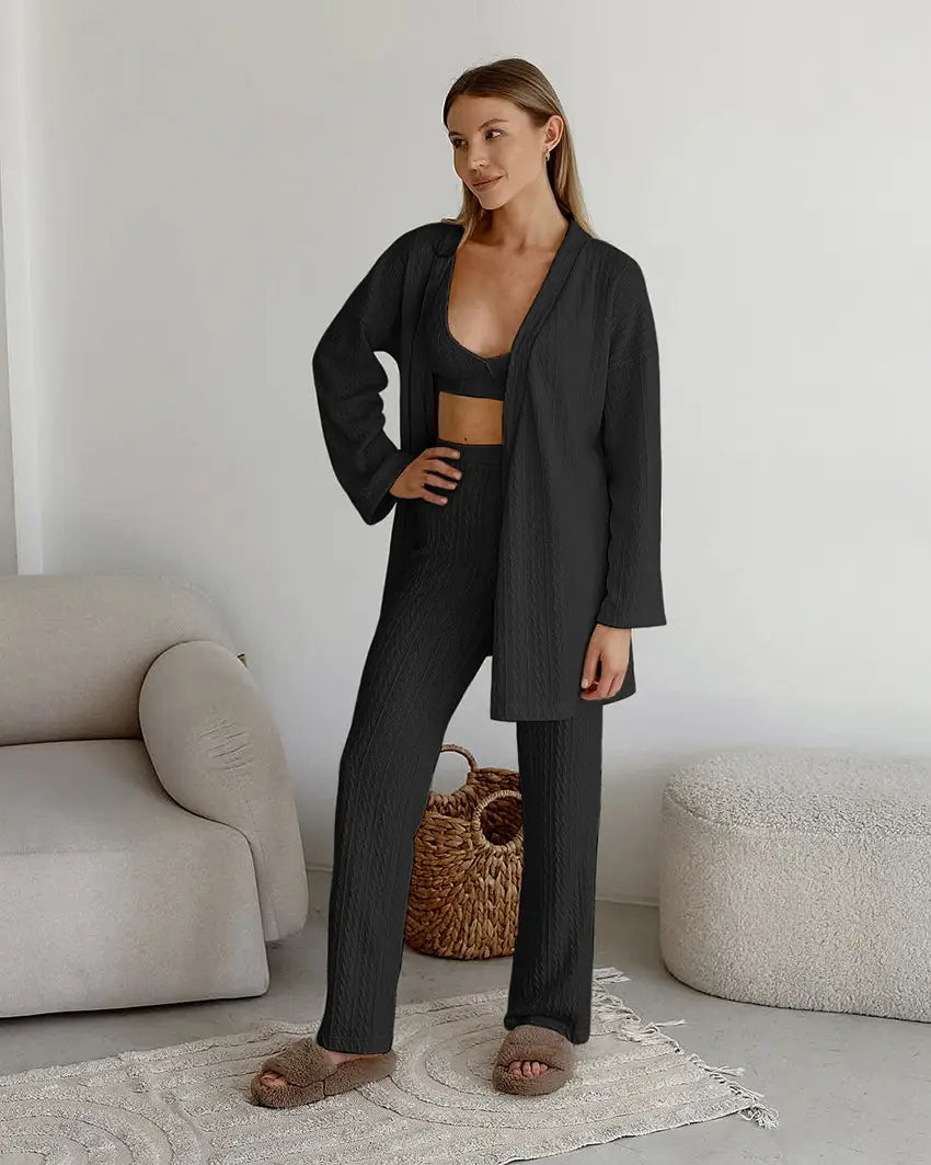 Langarm-Strick-Thermopyjama, lockere Hose, Unterwäsche, dreiteiliges Set