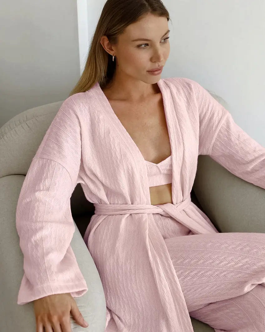 Langarm-Strick-Thermopyjama, lockere Hose, Unterwäsche, dreiteiliges Set