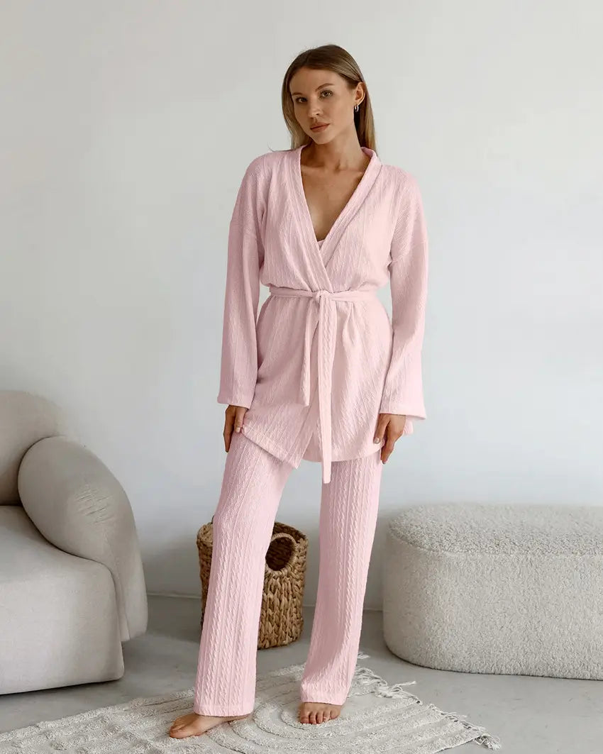 Langarm-Strick-Thermopyjama, lockere Hose, Unterwäsche, dreiteiliges Set