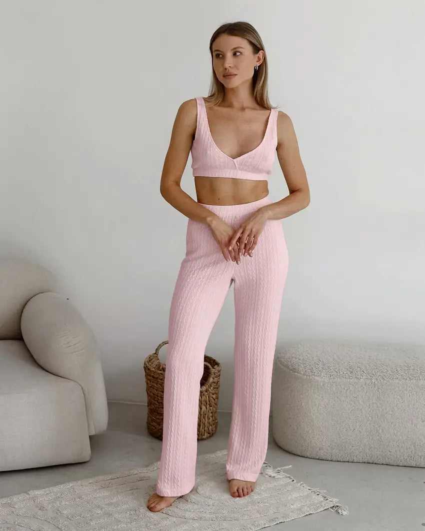 Langarm-Strick-Thermopyjama, lockere Hose, Unterwäsche, dreiteiliges Set