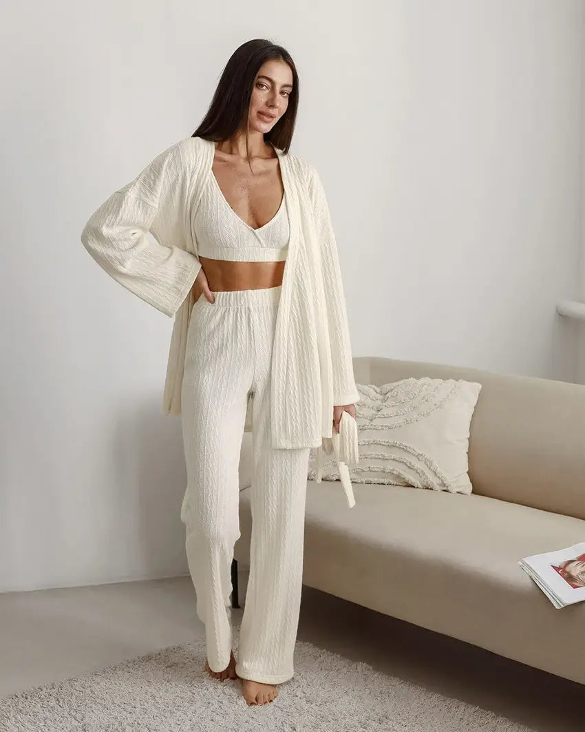 Langarm-Strick-Thermopyjama, lockere Hose, Unterwäsche, dreiteiliges Set
