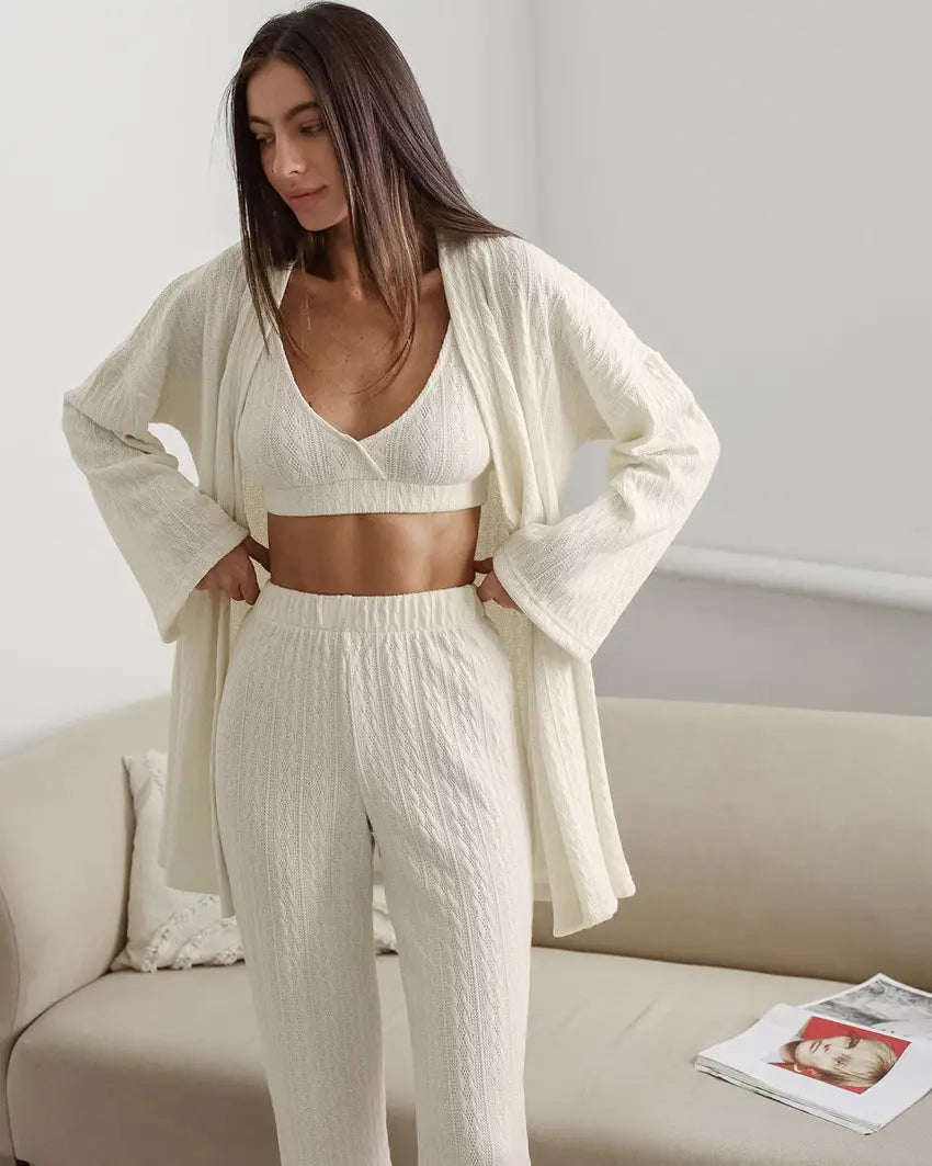 Langarm-Strick-Thermopyjama, lockere Hose, Unterwäsche, dreiteiliges Set