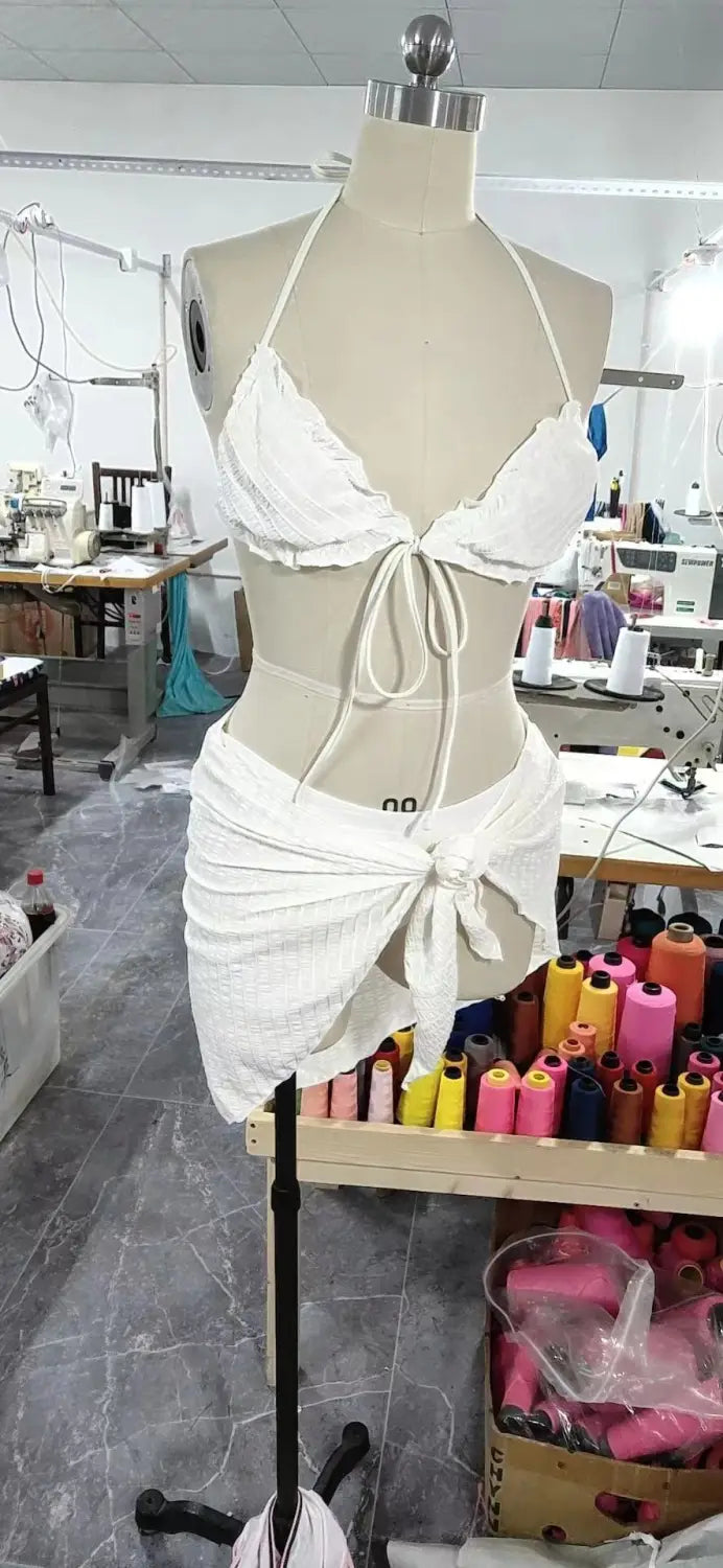 Women’s Special Fabric Pleated Swimwear Swimsuit Three-piece Set