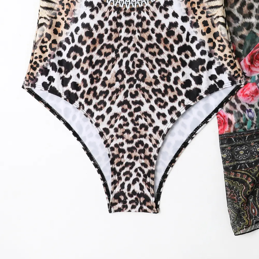 Women’s Leopard Print Casual One-piece Swimsuit Mesh Long Dress
