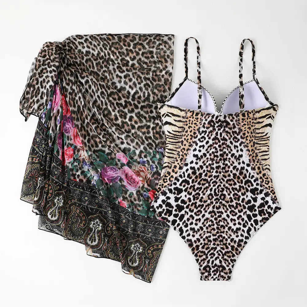 Women’s Leopard Print Casual One-piece Swimsuit Mesh Long Dress