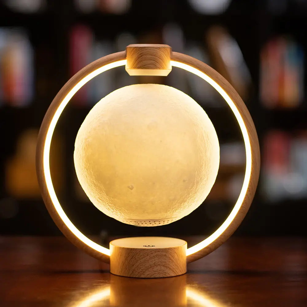 K1 Round Moon Bluetooth Speaker with Wood Grain Base and Suspension