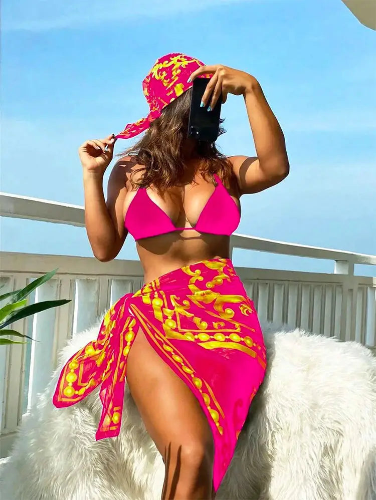Vintage Print Lace-up Bikini Swimsuit Three-piece Suit