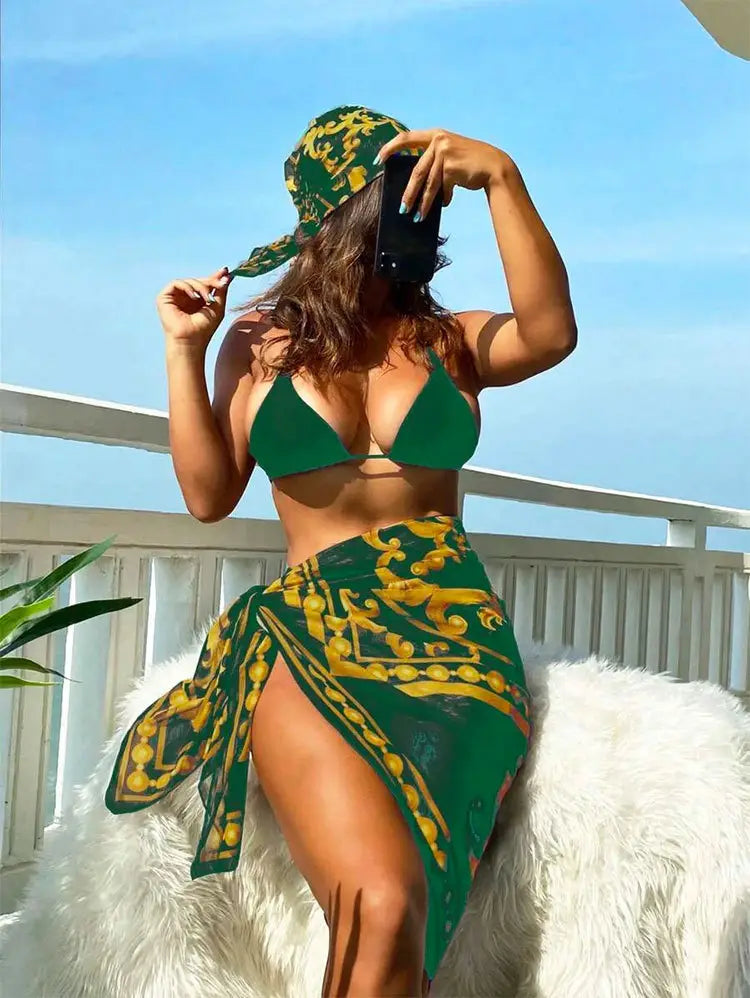 Vintage Print Lace-up Bikini Swimsuit Three-piece Suit