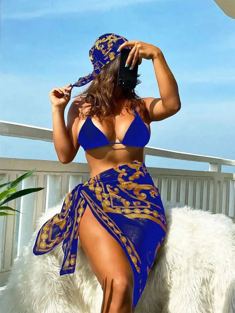 Vintage Print Lace-up Bikini Swimsuit Three-piece Suit