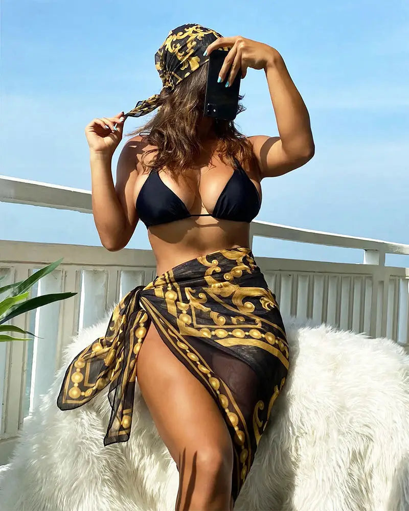 Vintage Print Lace-up Bikini Swimsuit Three-piece Suit