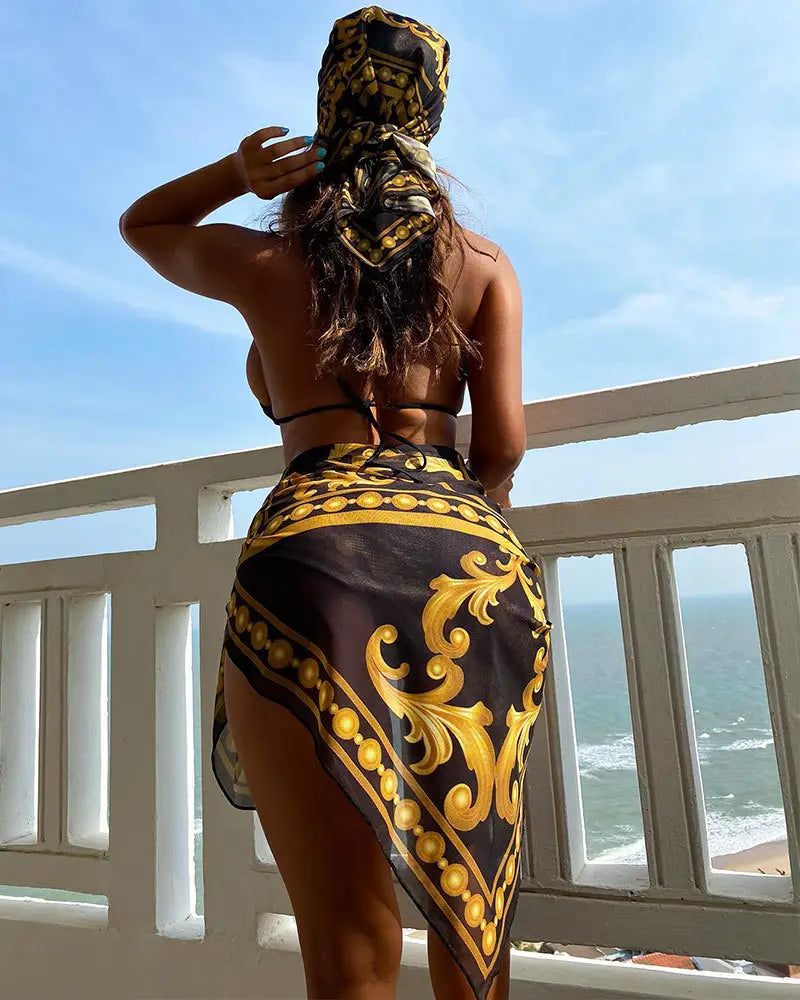 Vintage Print Lace-up Bikini Swimsuit Three-piece Suit