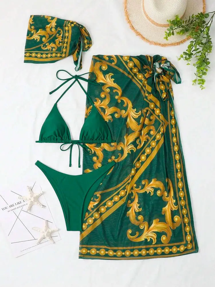 Vintage Print Lace-up Bikini Swimsuit Three-piece Suit